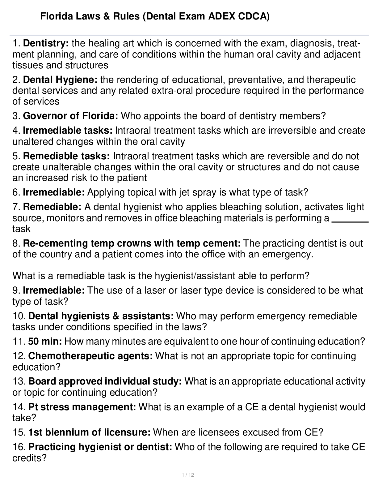 Preview image for Florida Laws & Rules (Dental Exam ADEX CDCA) 2022 with complete solution